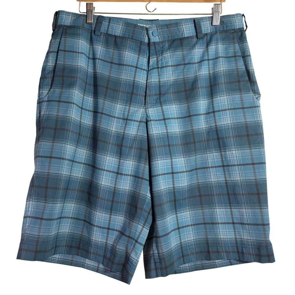 Nike Golf Shorts Mens 36 Blue Plaid Dri-FIT Performance‎ Flat Front Activewear